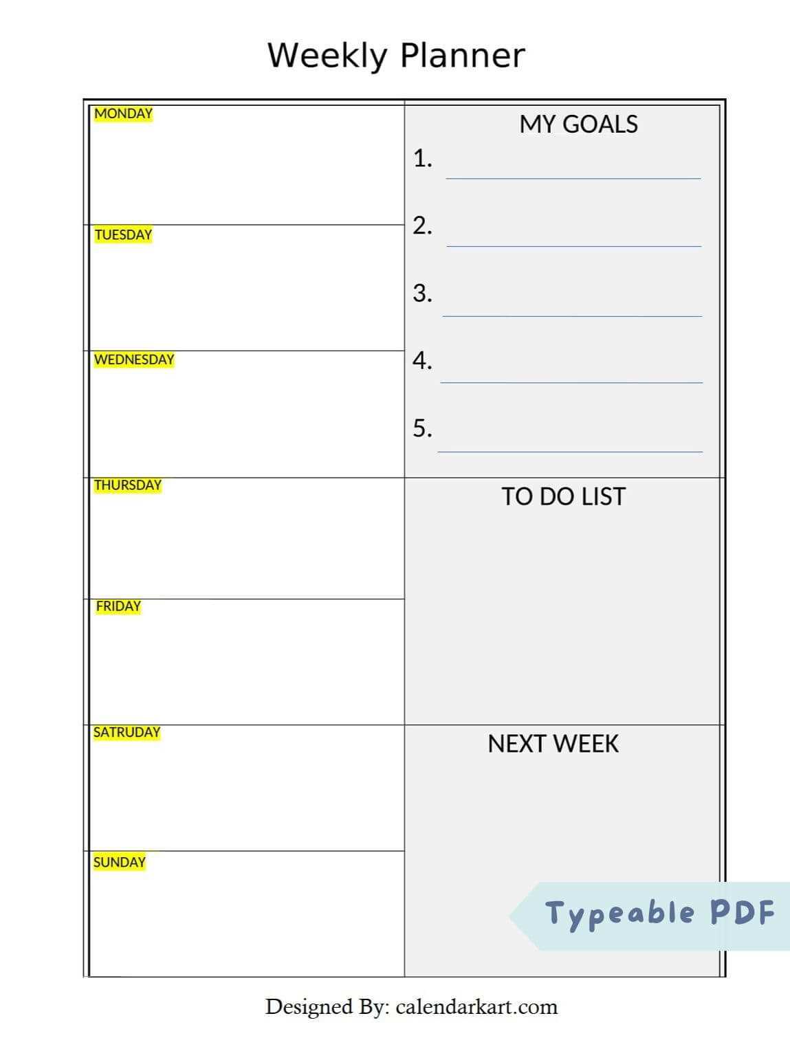 printable blank weekly calendar template