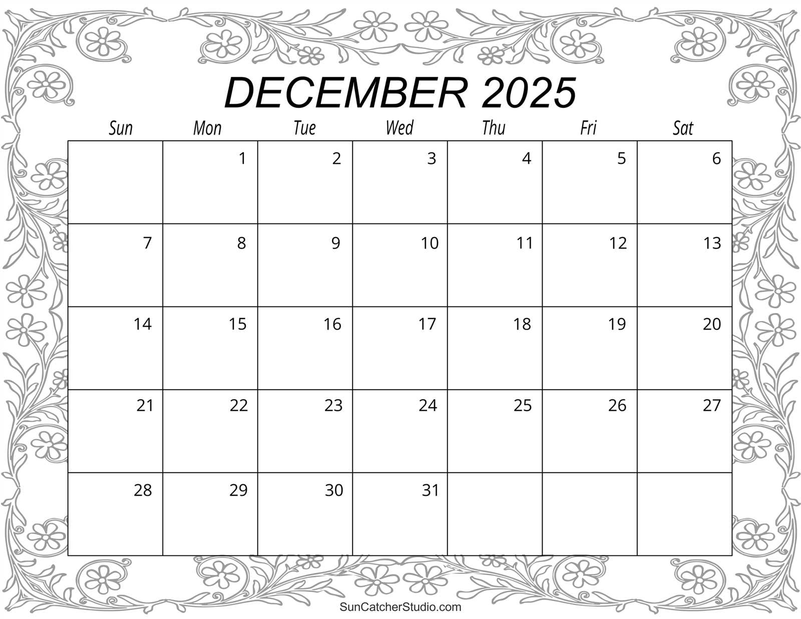 calendar template december 2025 printable