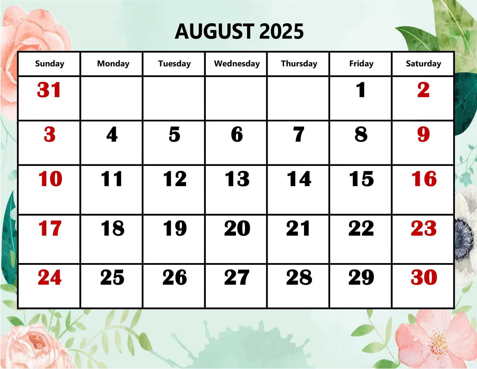 august 2025 template calendar