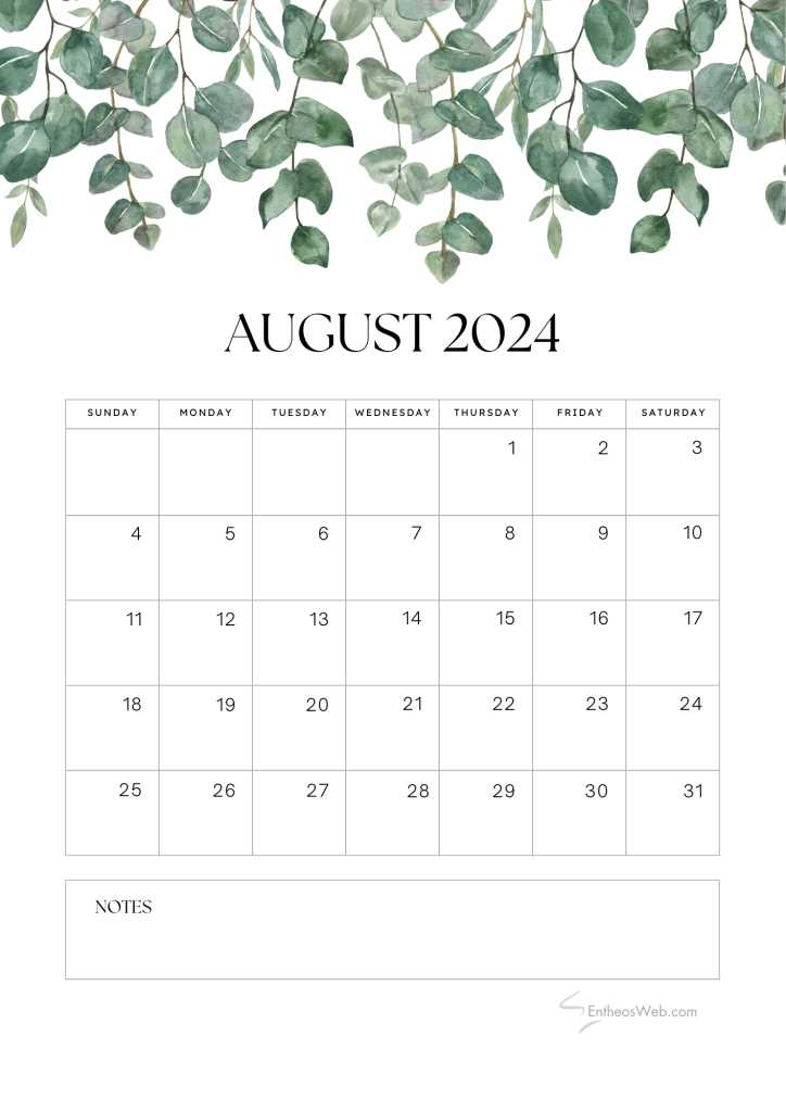 free august calendar template