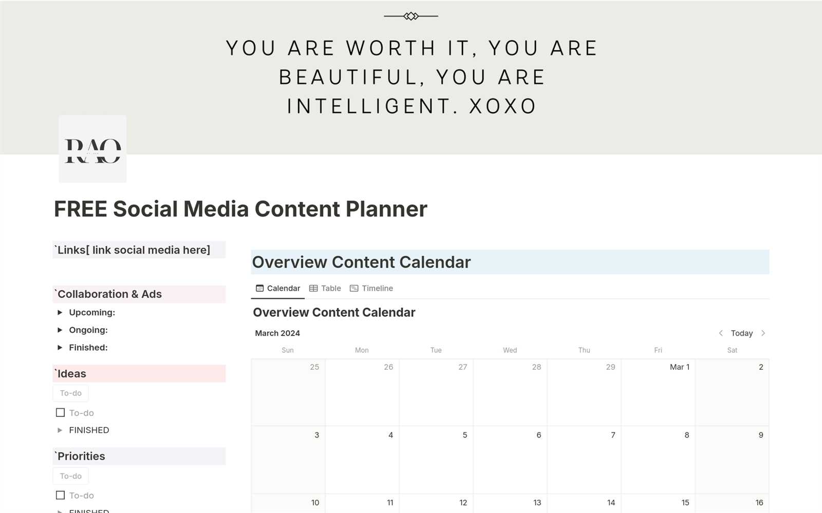 social media calendar notion template