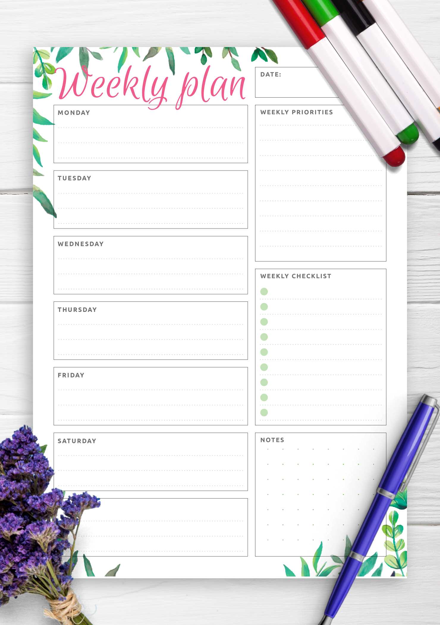 weekly calendar checklist template