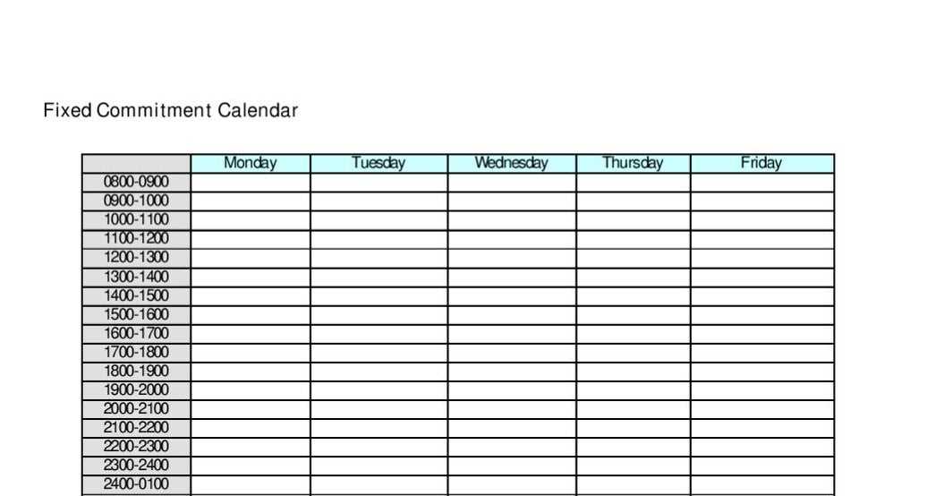 fixed commitment calendar template