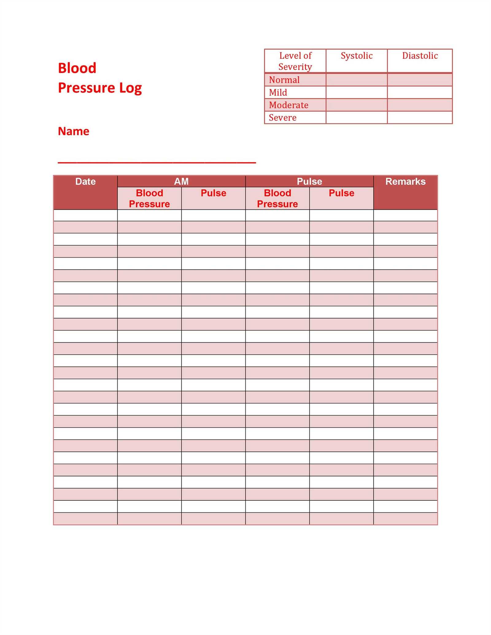 blood pressure calendar template