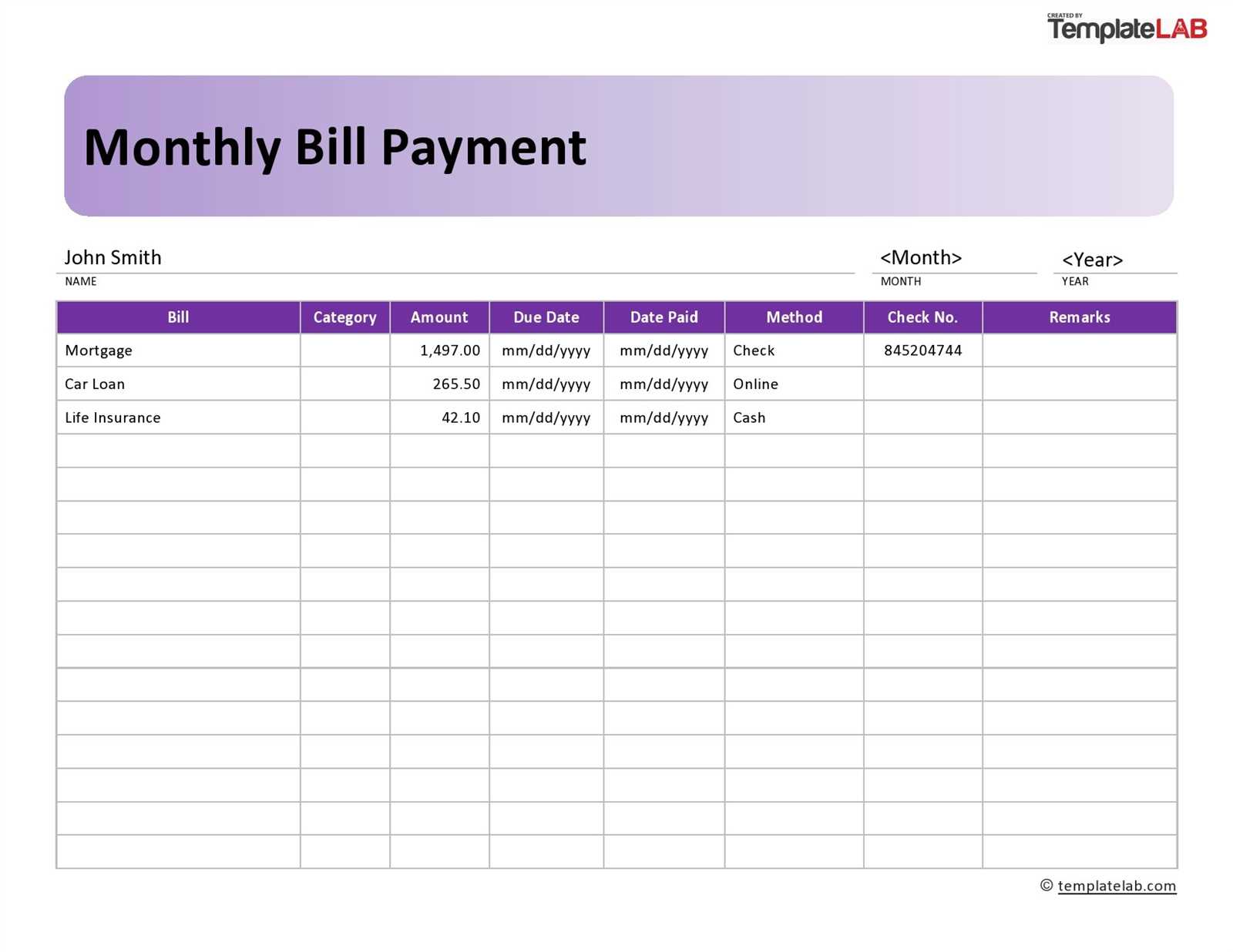 monthly bill calendar template