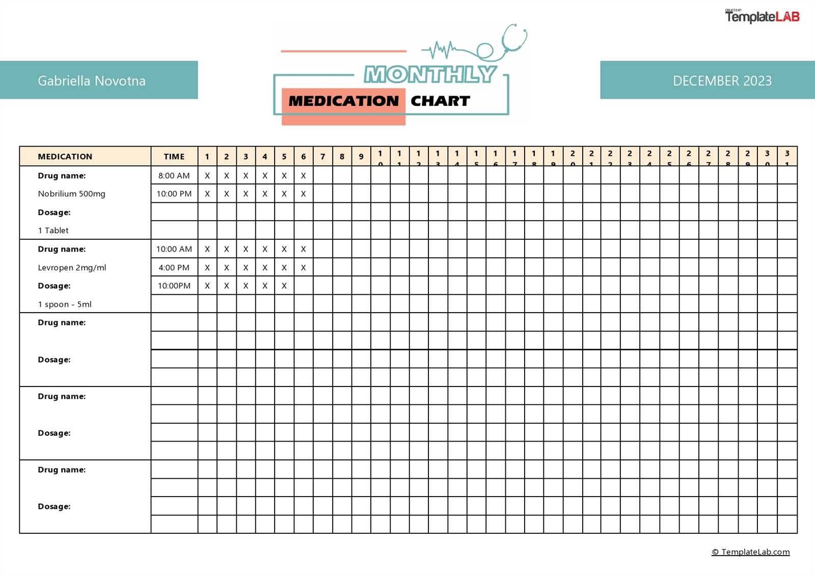 medication calendar template