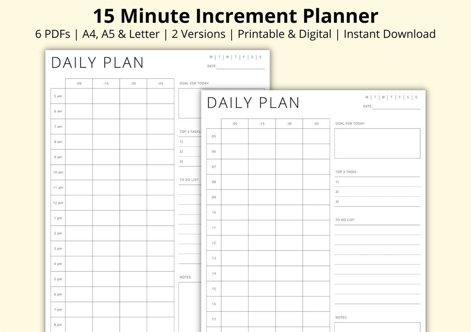 daily calendar 15 minute increments template