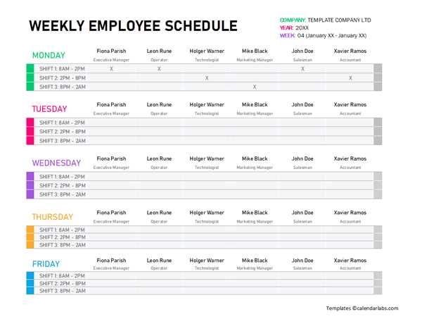 weekly employee calendar template