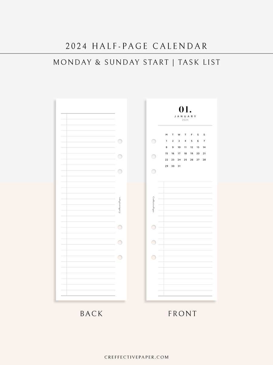 half sheet calendar template