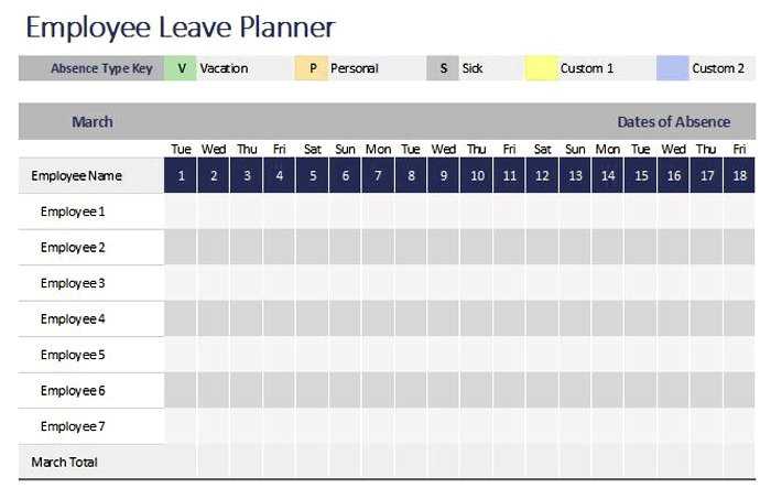 vacation calendar template for employees