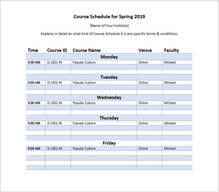 course calendar template