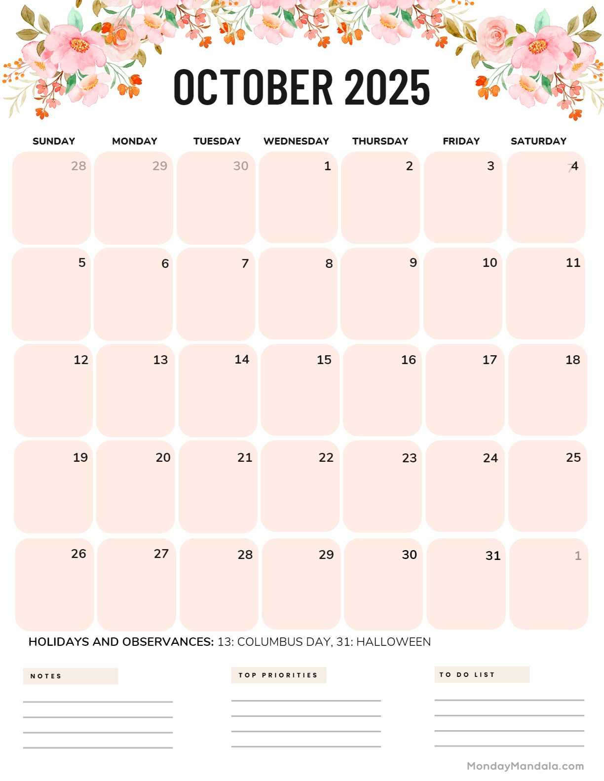 october 2025 monthly calendar template