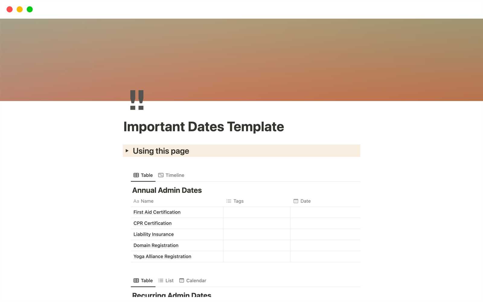 dates to remember calendar template