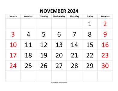 november monthly calendar template