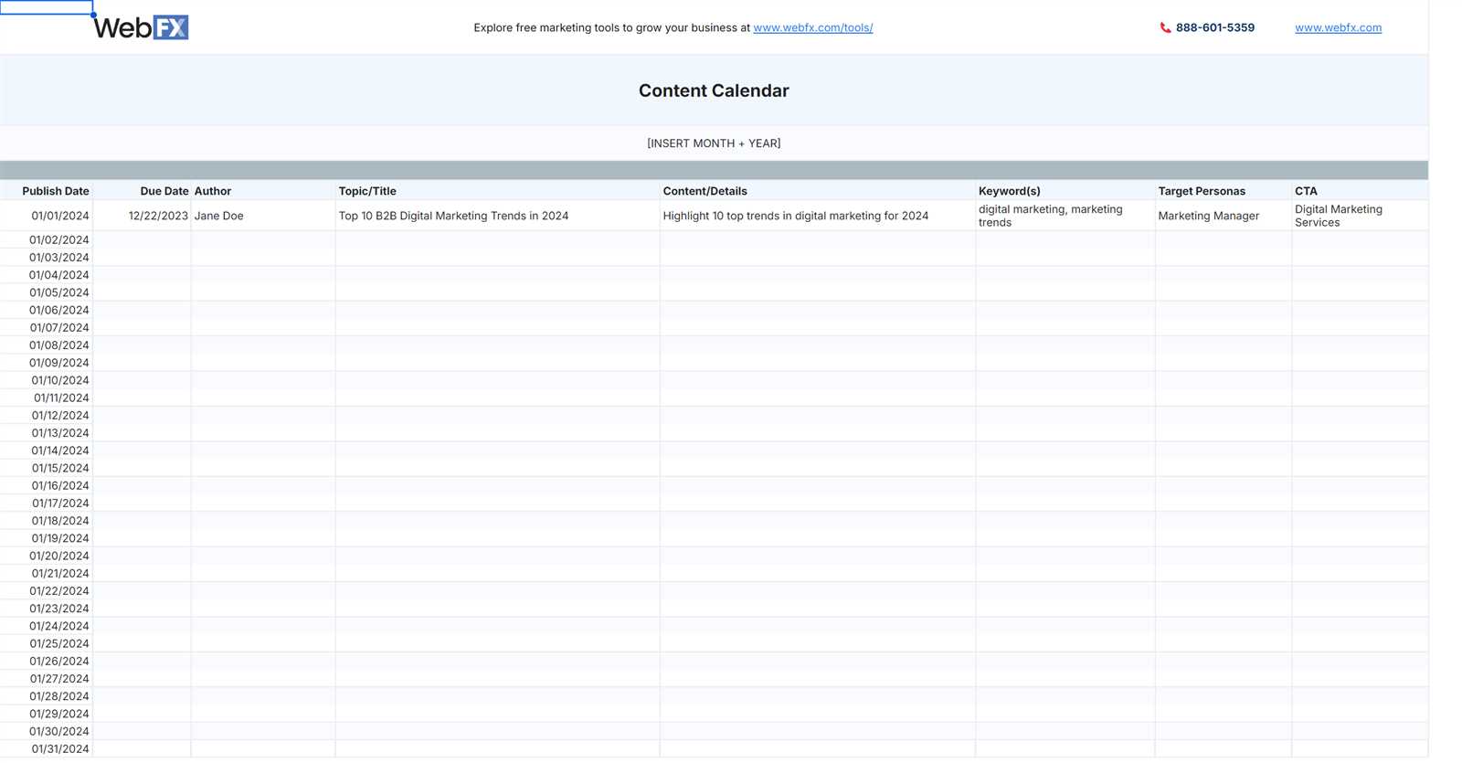 pr calendar template