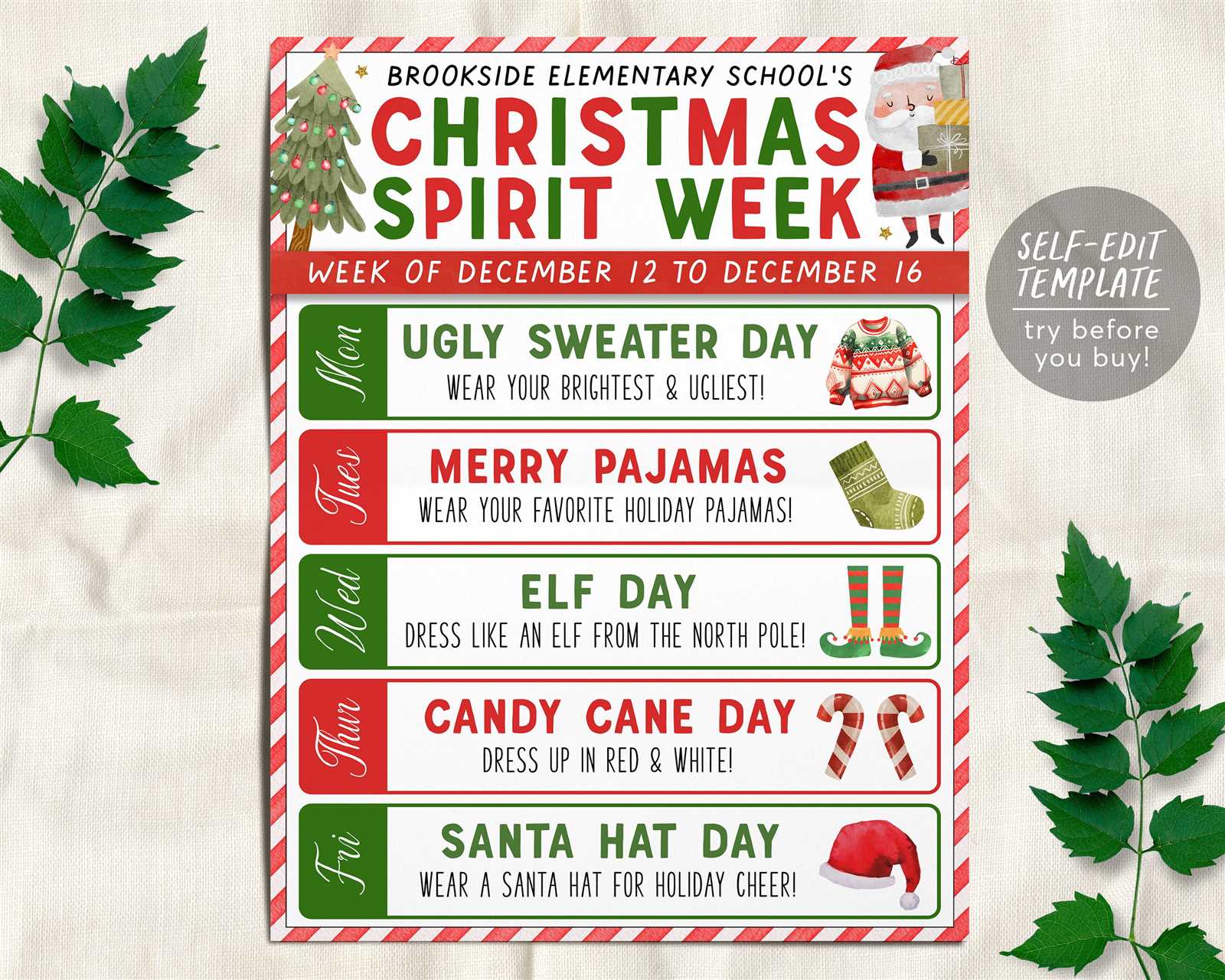 christmas spirit week calendar template