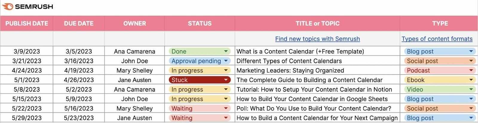 free content calendar template