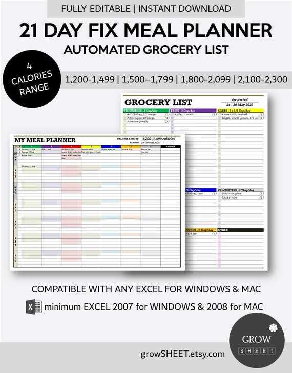 21 day fix meal calendar template