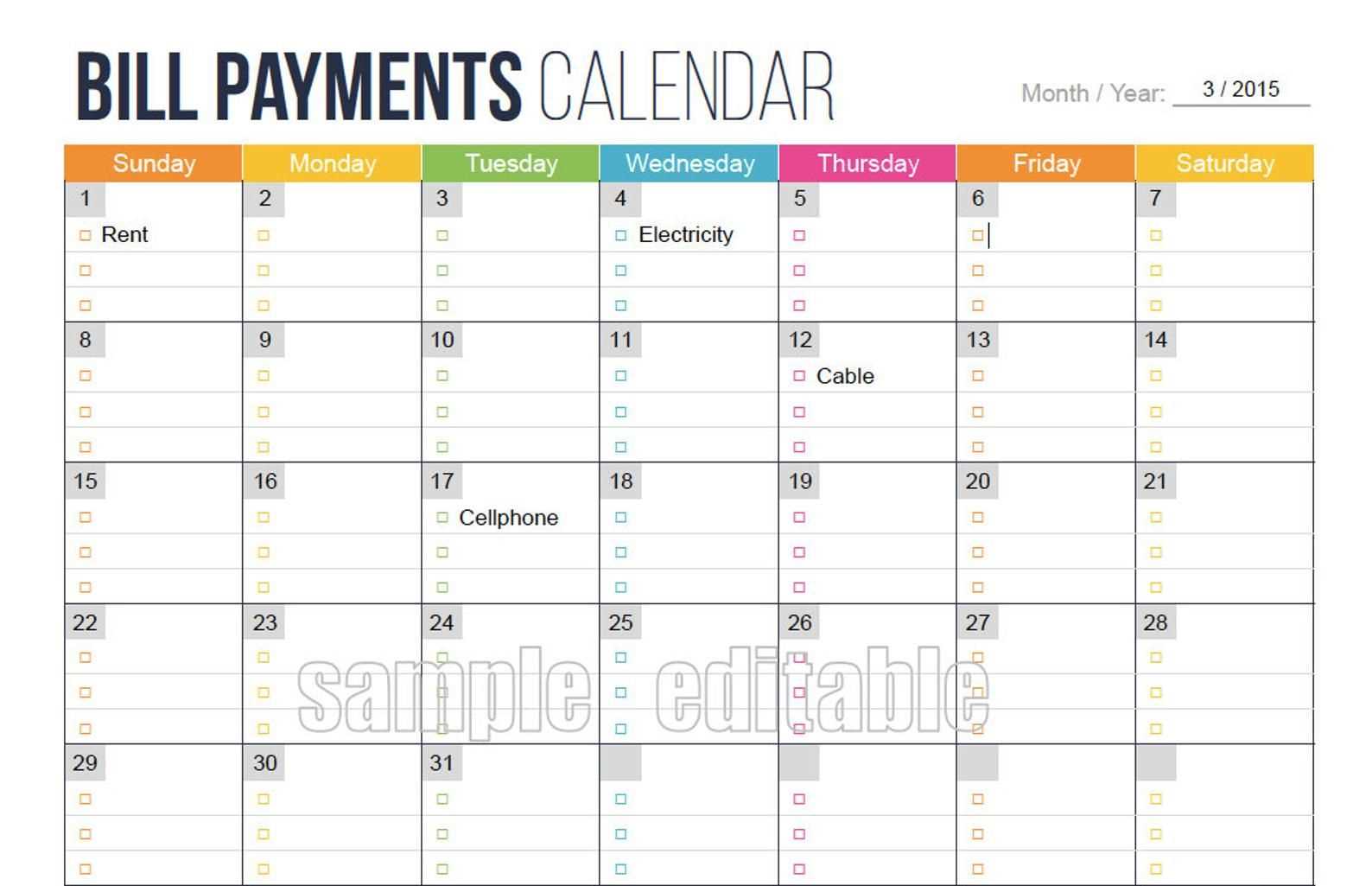 printable budget calendar template