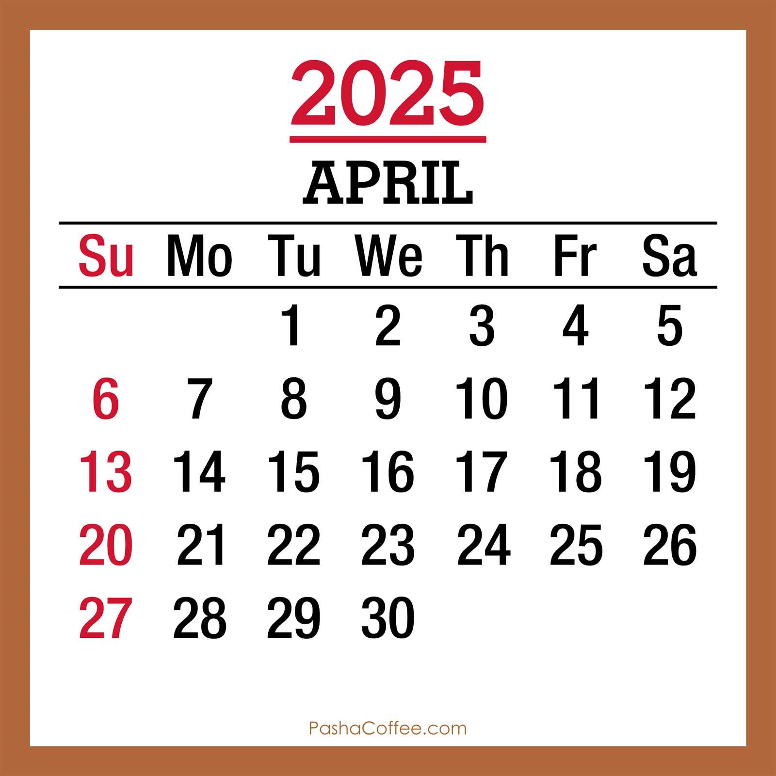 monthly calendar template april 2025