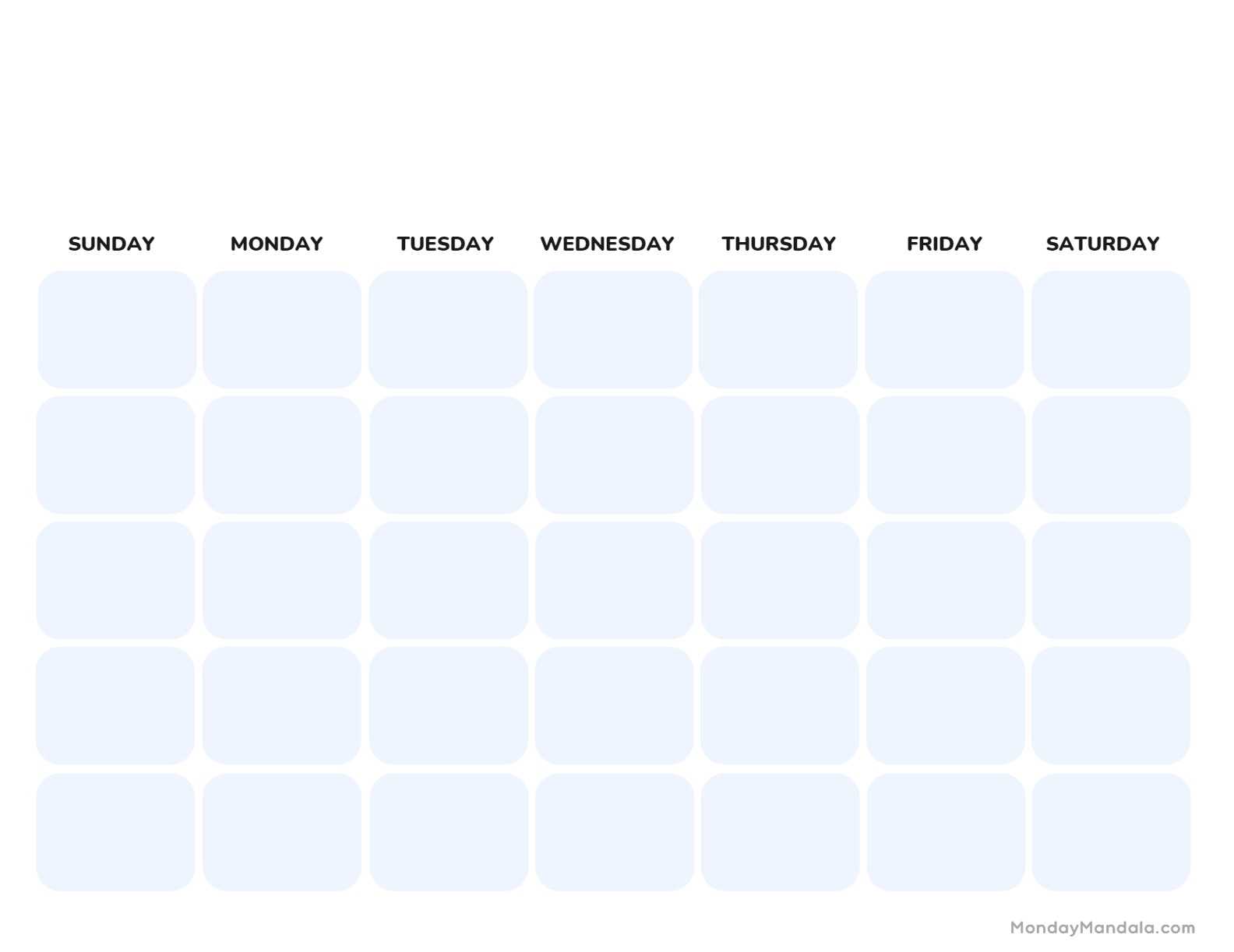 5 day week monthly calendar template