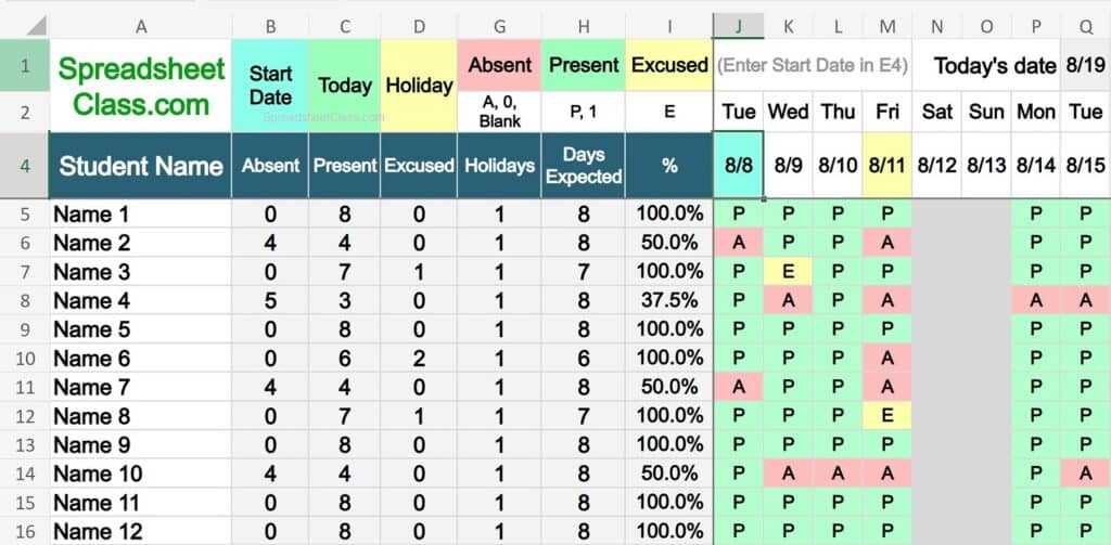 free attendance calendar template