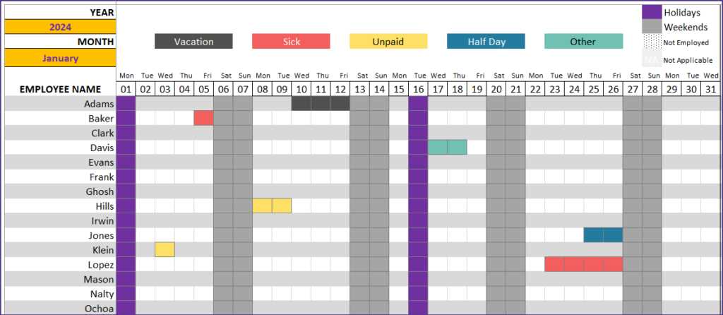 project team vacation calendar template