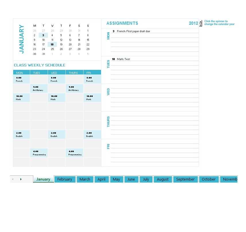 monthly class calendar template