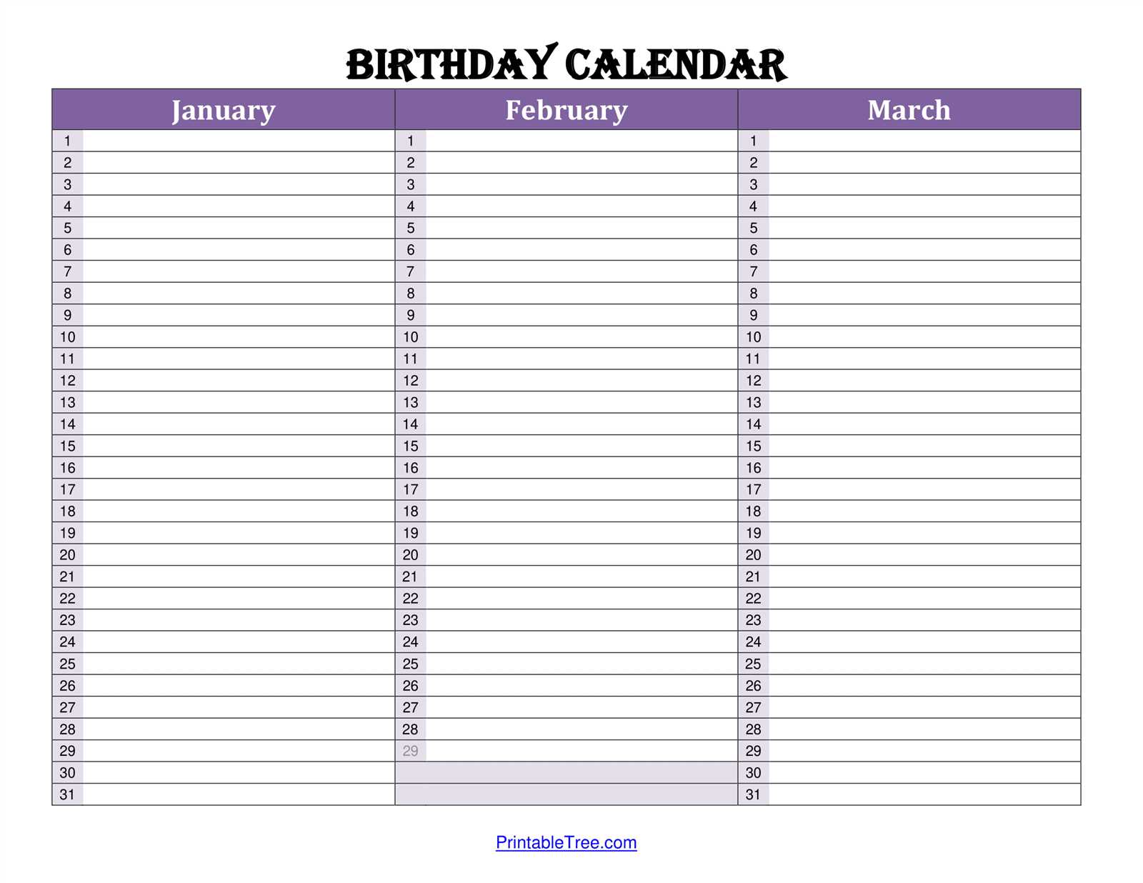 annual birthday calendar template free