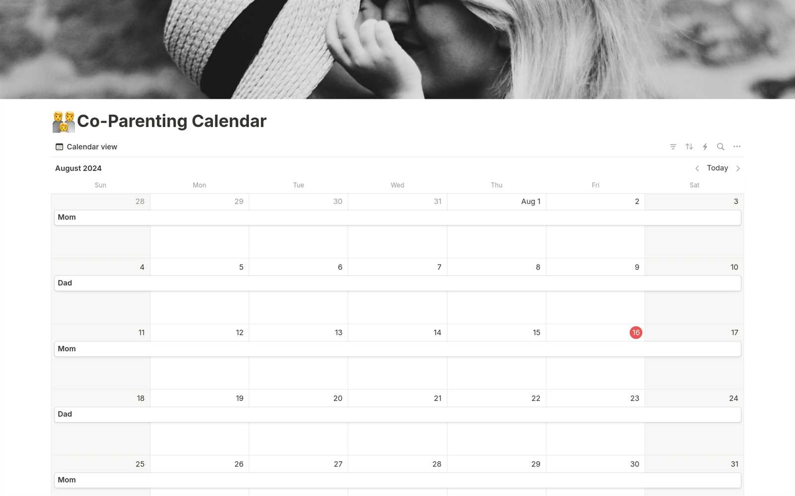 parenting calendar template