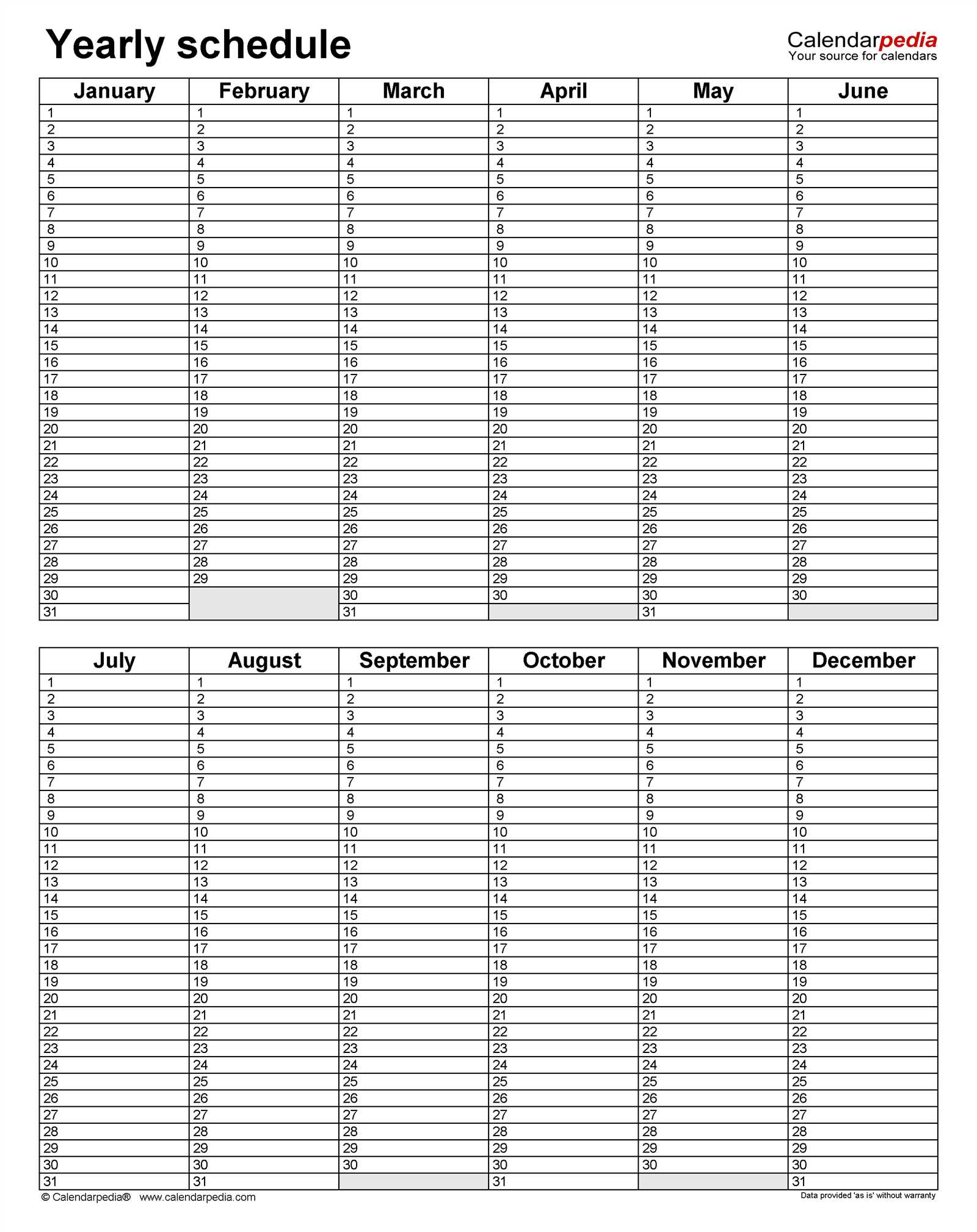 yearly calendar of events template