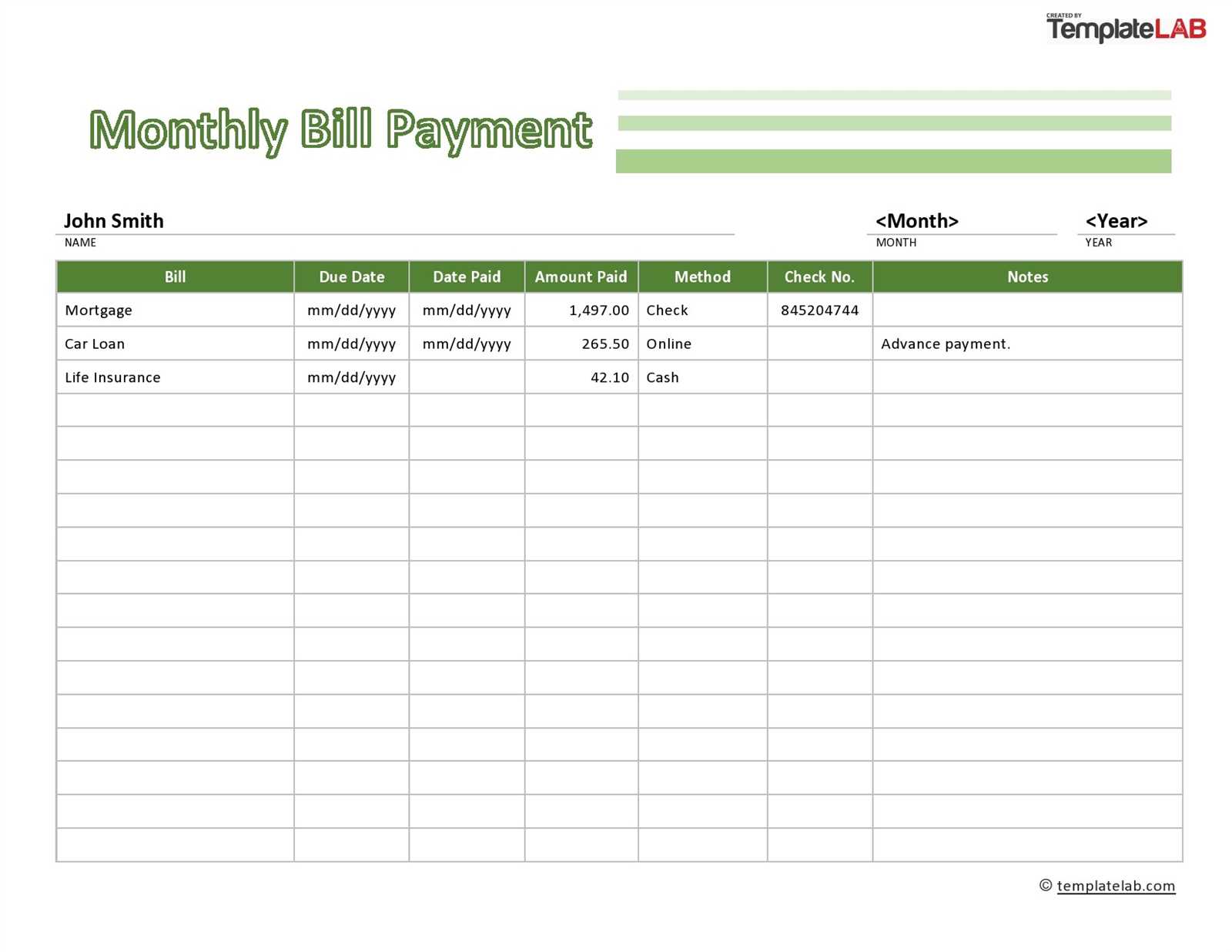 monthly bill payment calendar template