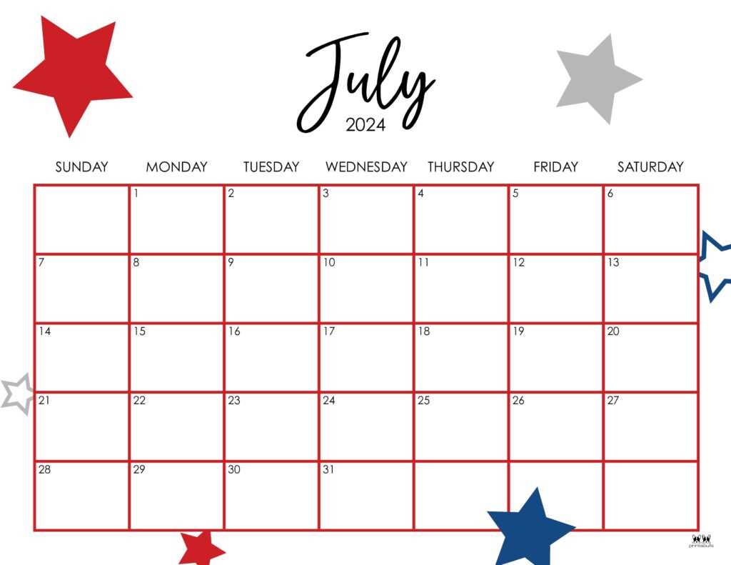 july month calendar template