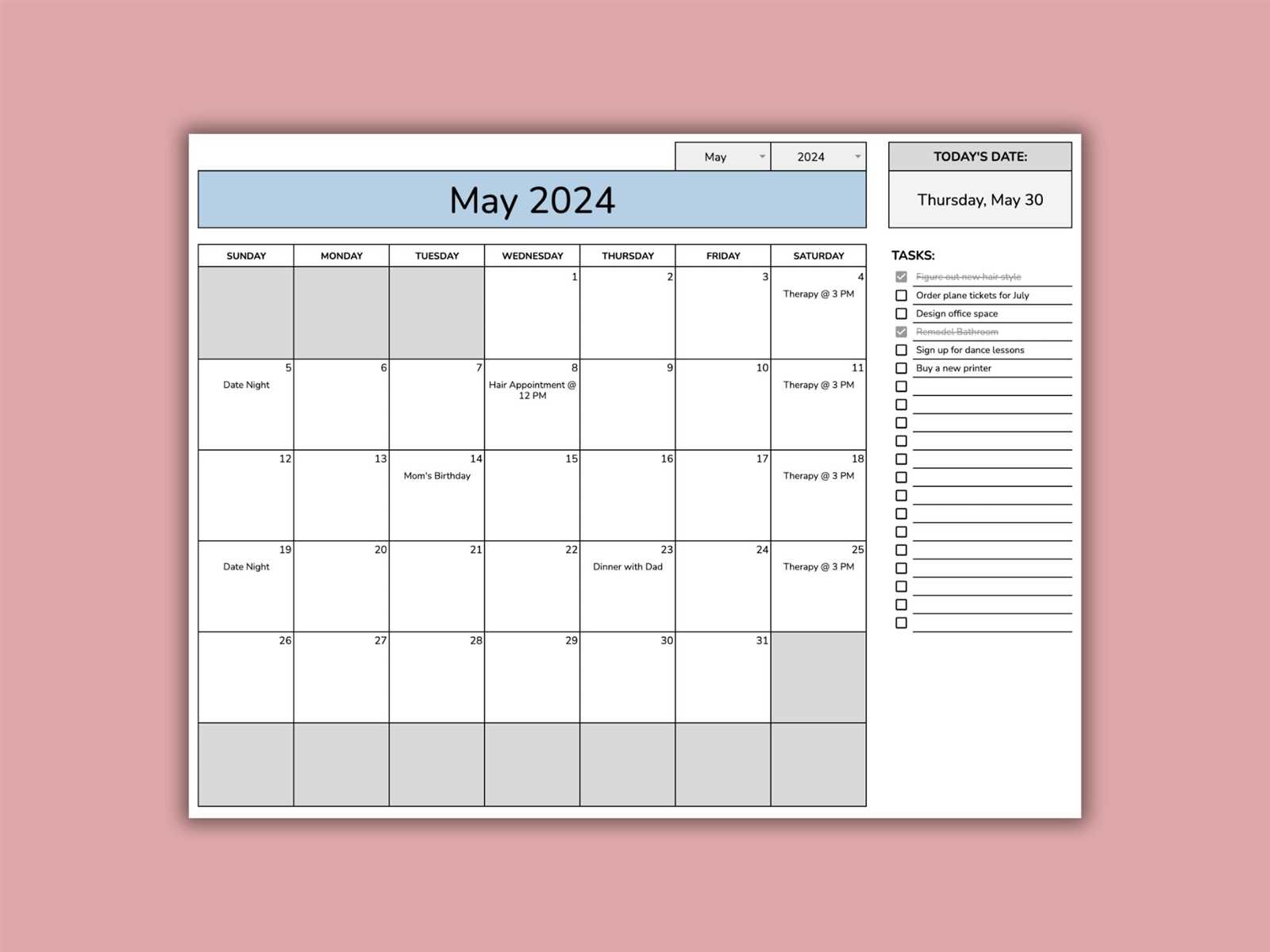 calendar template to do list