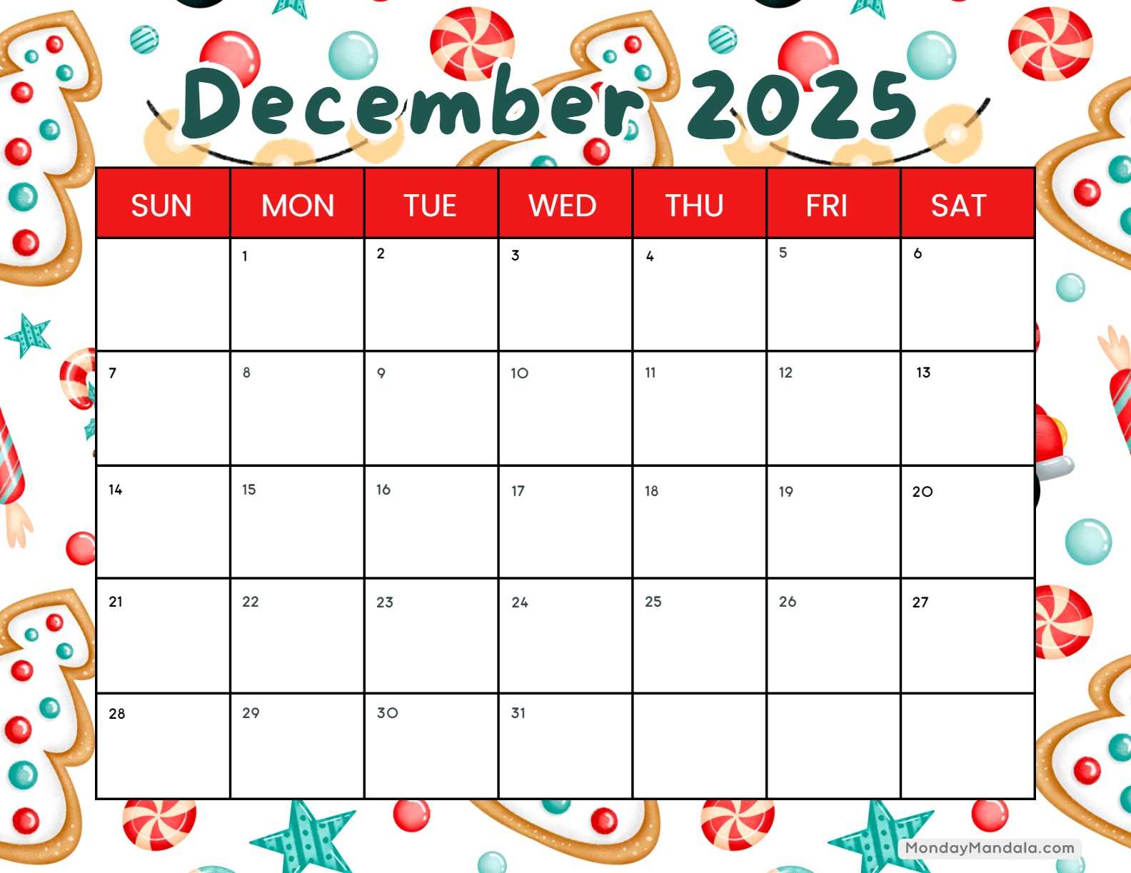 december printable calendar template