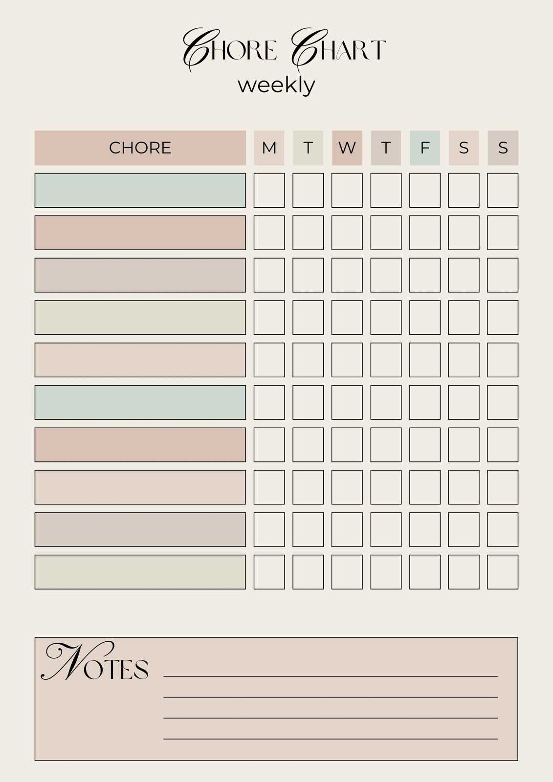 weekly chore calendar template