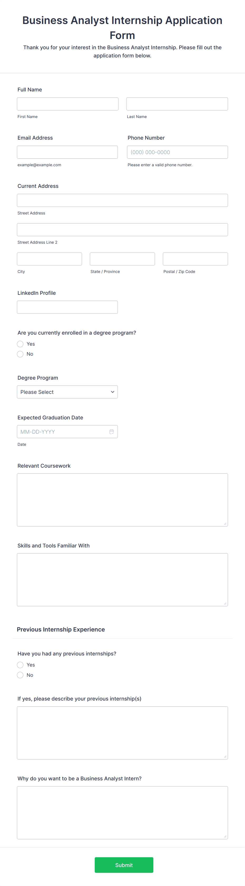 internship calendar template