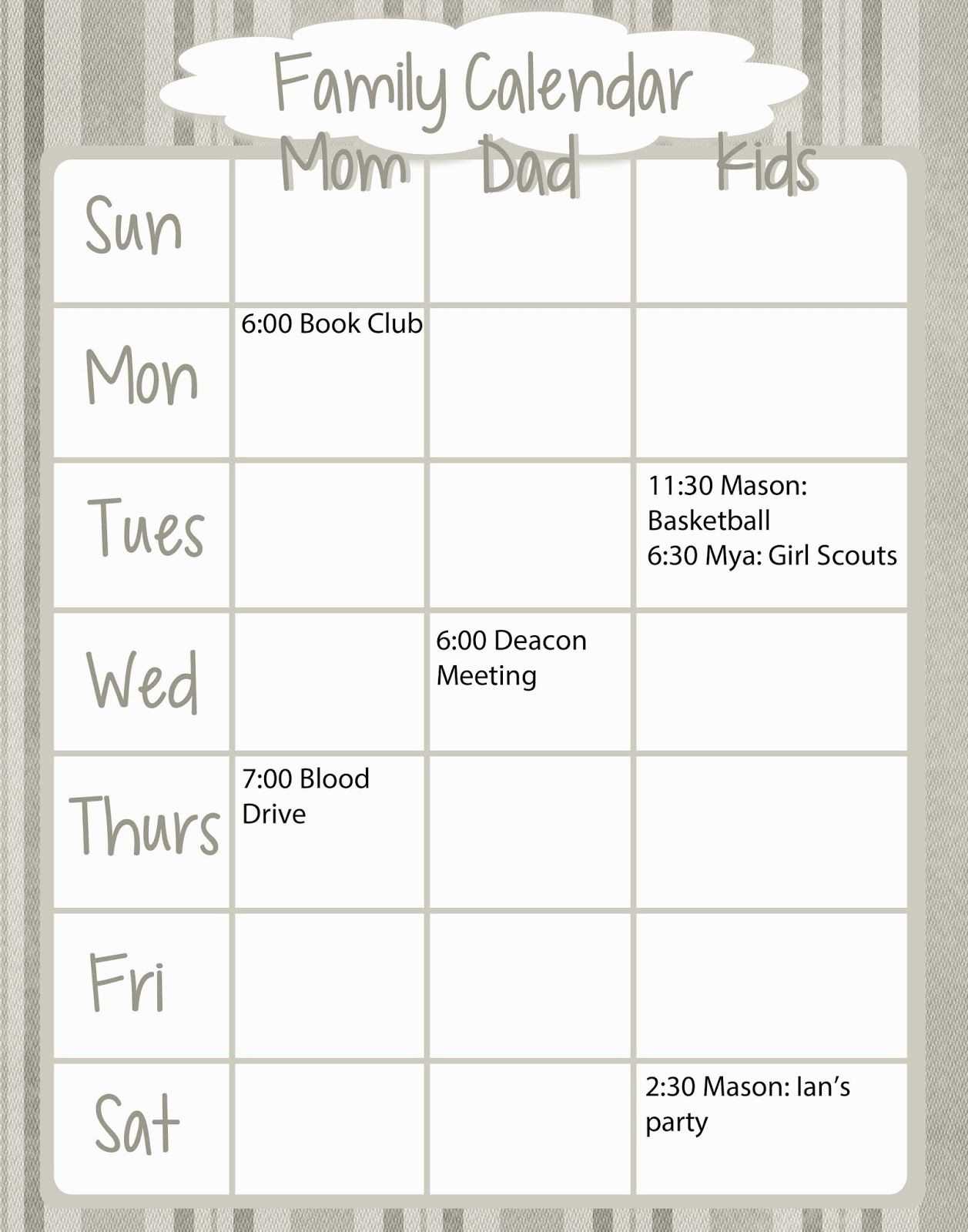 weekly family calendar template