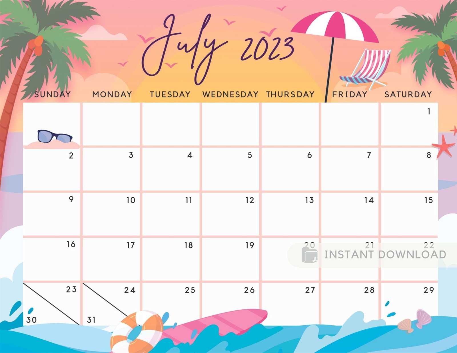 july calendar printable template