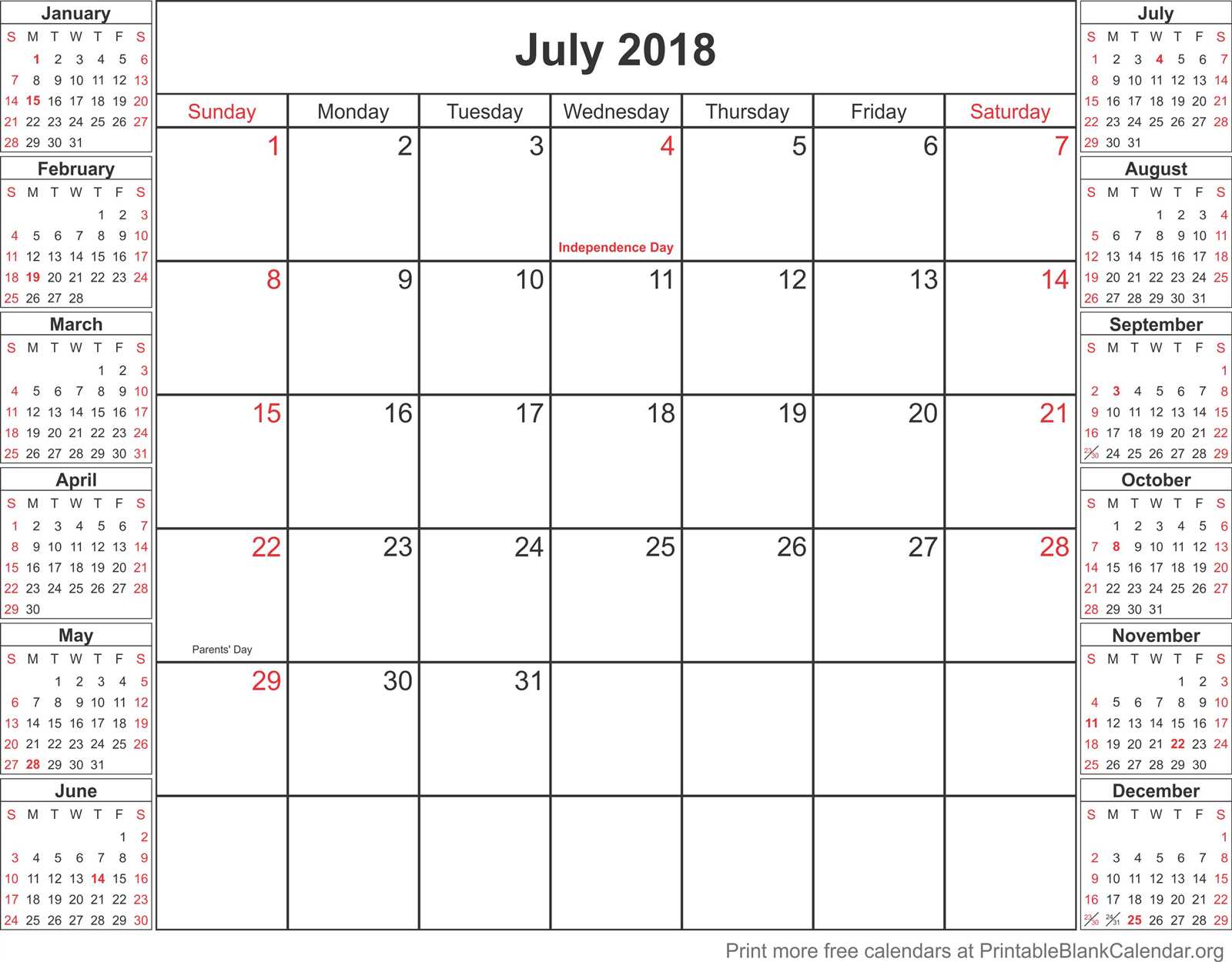 july calendar template printable