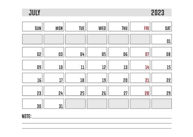 july month calendar template