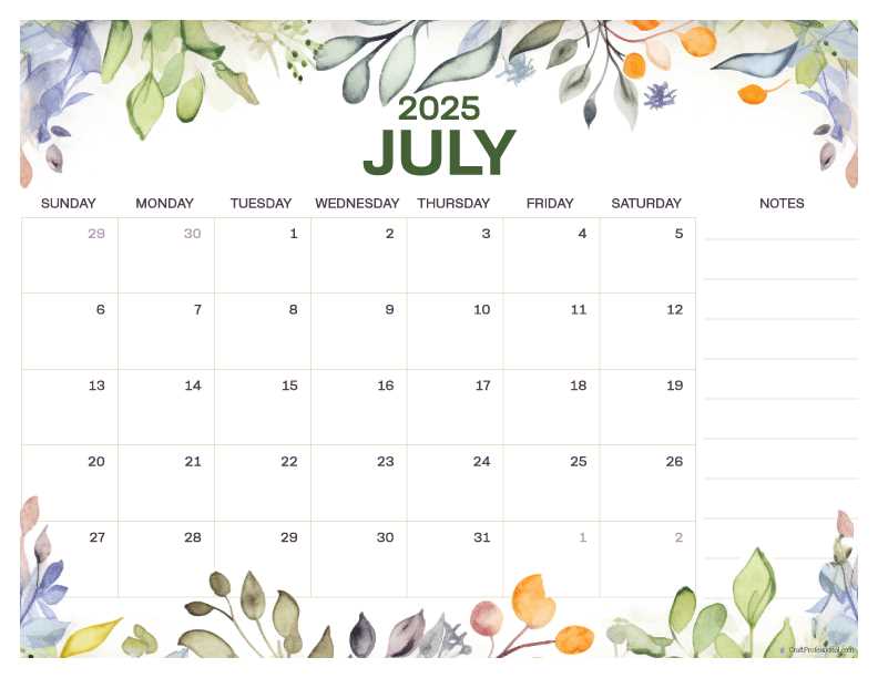 july monthly calendar template 2025