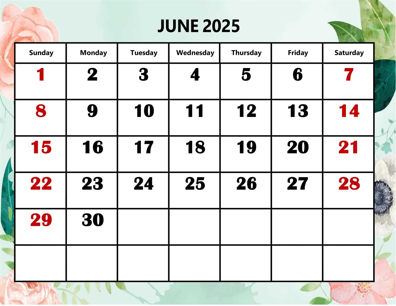 june 2025 blank calendar template