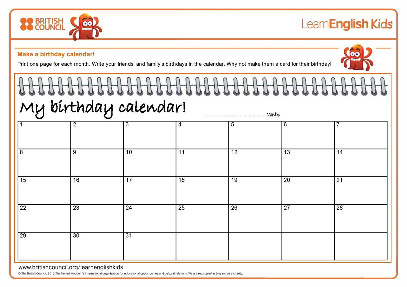 editable printable birthday calendar template