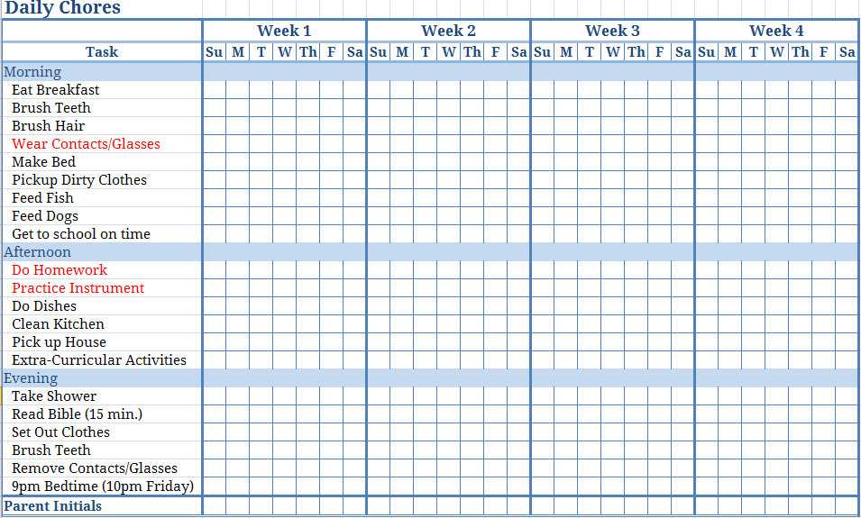 chore calendar template monthly