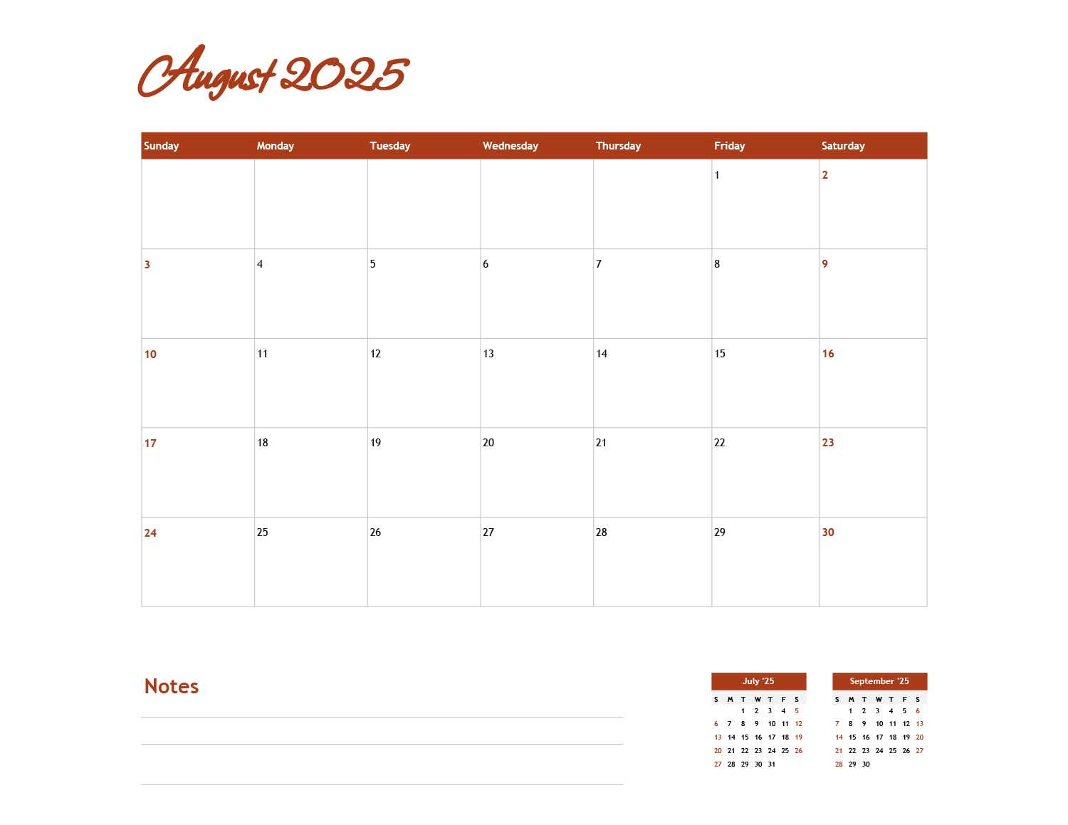 2025 august calendar template