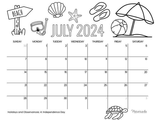 july month calendar template