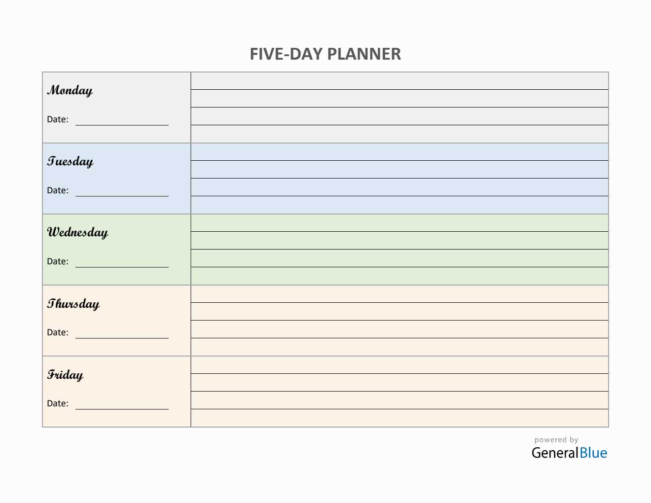 five day calendar template free