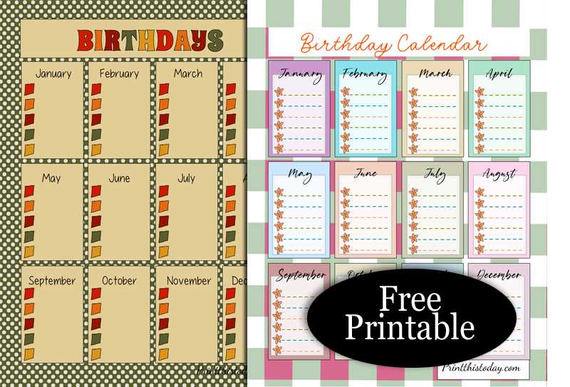 birthday calendar printable template