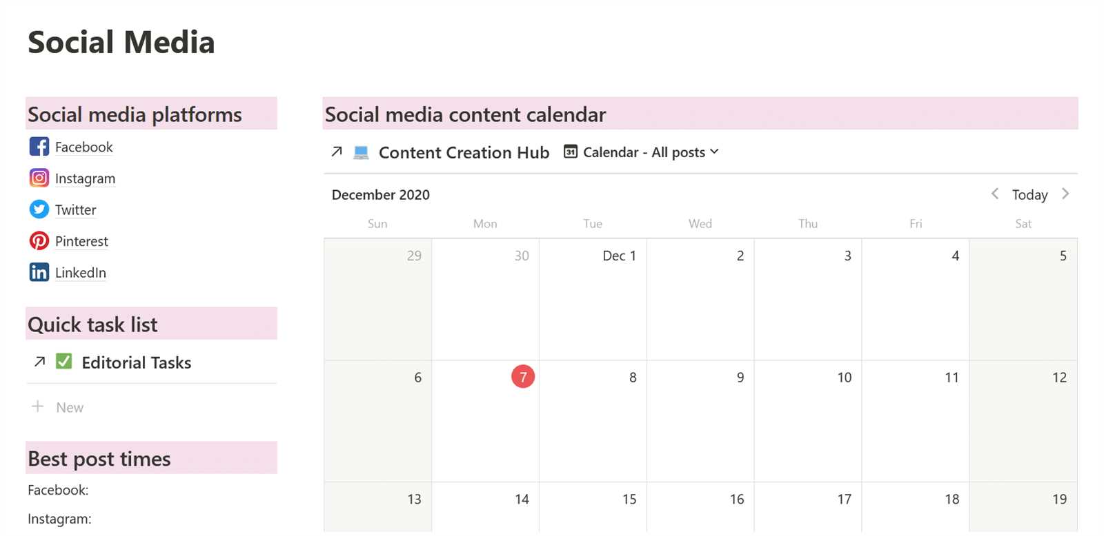 social media content calendar template notion